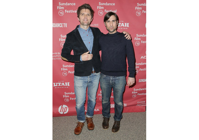 Adam Scott and Jason Schwartzman arrived at the Overnight premier in casual, sandblasted jeans. Scott wore a professor's blazer with elbow pads, while Schwartzman opted for a dark blue sweater. 