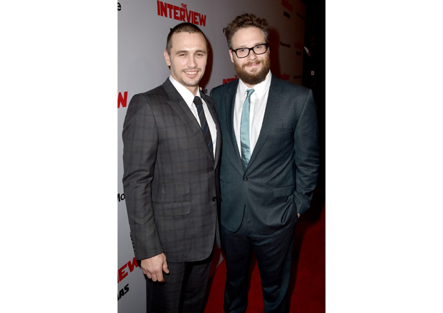 With The Interview co-star, Seth Rogen, wearing a checked suit at the film's premiere.