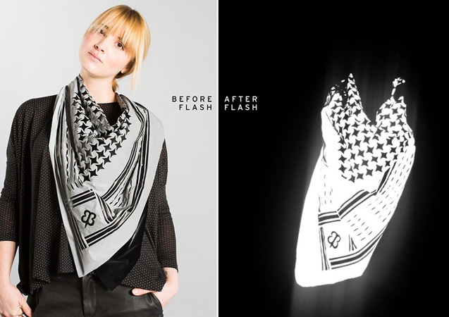 The Flashback Scarf. Fund [link href='http://www.betabrand.com/think-tank/crowdfunding/reflective-silver-screen-flashback-scarf.html' target='_blank']here[/link].