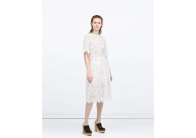 Midis are the new minis and maxis. This laser cut is perfect for dressing down or wearing out. Long Laser-Cut Skirt, available at [link href='http://www.zara.com/jp/en/woman/skirts/long-laser-cut-skirt-c358006p2423005.html' target='_blank']Zara[/link]. 