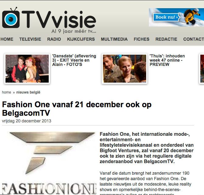 Fashion One vanaf 21 december ook op BelgacomTV